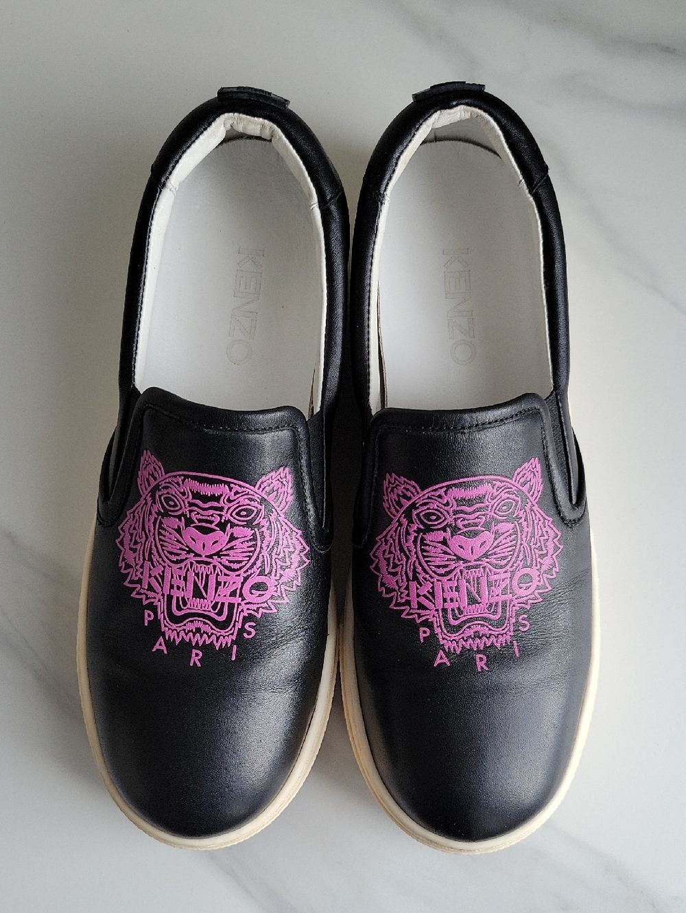 Kenzo Black Leather Slip-On Sneakers with Pink Tiger Motif